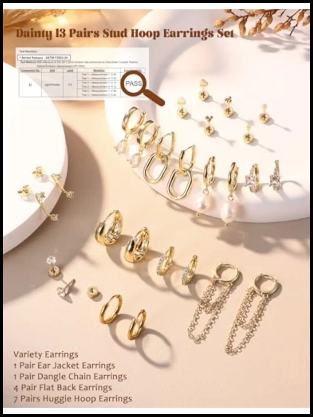 13 Pairs Gold Earring Set, Stud Hoop & Cartilage Earrings, Hypoallergenic, 14k